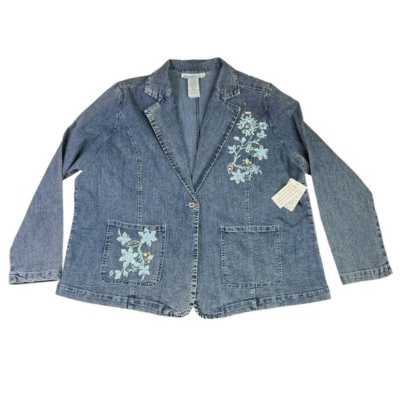 Denim 24/7 Blue Jean Jacket Blazer Long Sleeve with Embroidered Floral Design - Picture 9 of 16